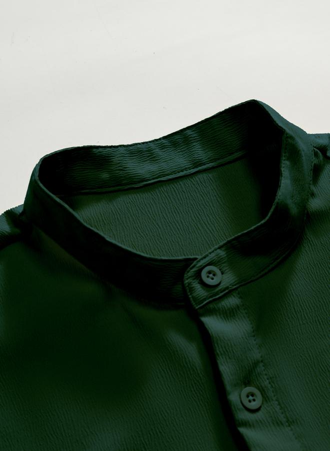 Take Two Men Dark Green Mandarin Collar Short Sleeve Shirt - Image 5